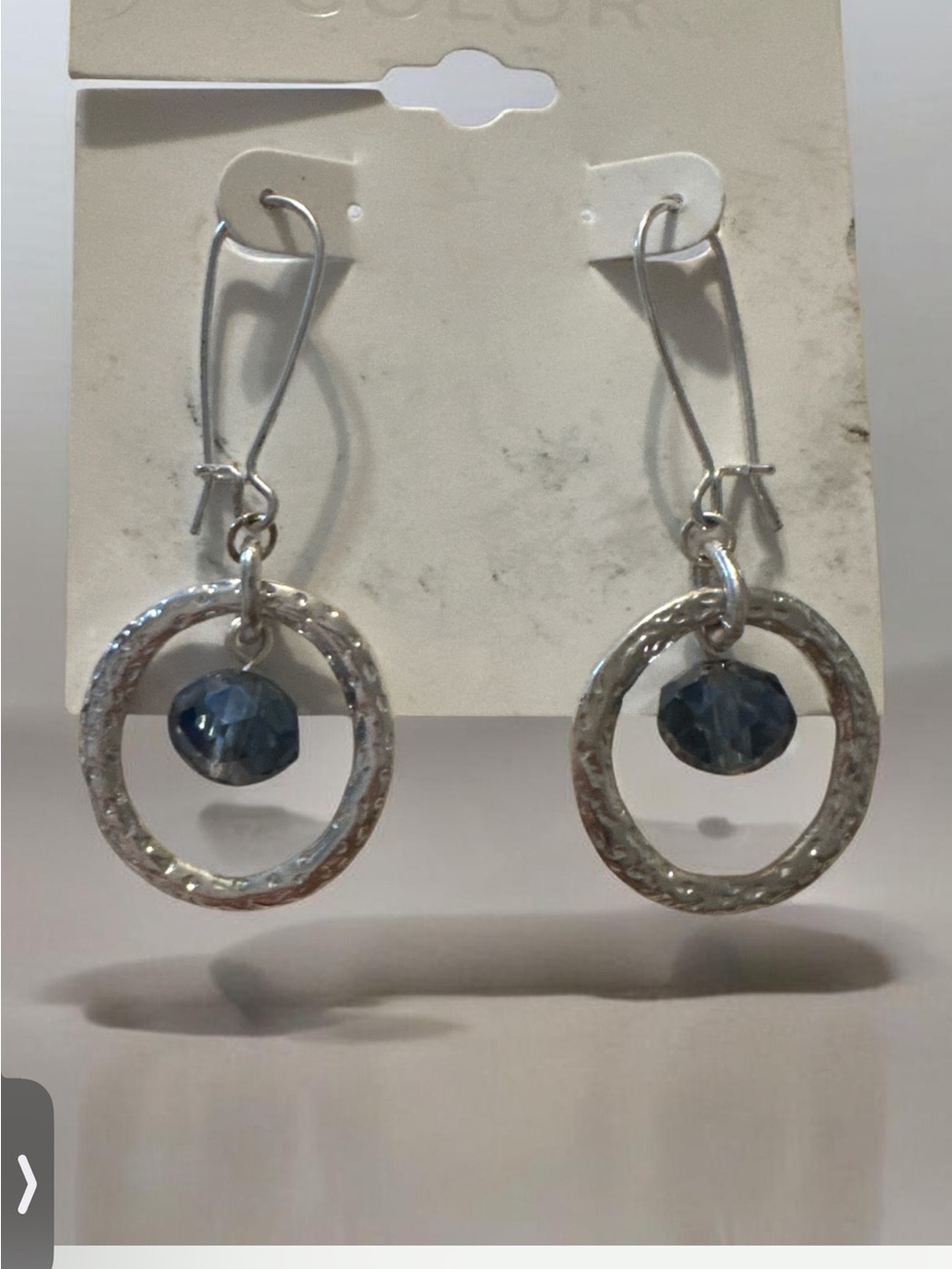 Silver Hoop Drop Earrings with Blue Crystal Accent